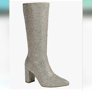 Forever 21 Silver Rhinestone Knee-High Block Heel Boots